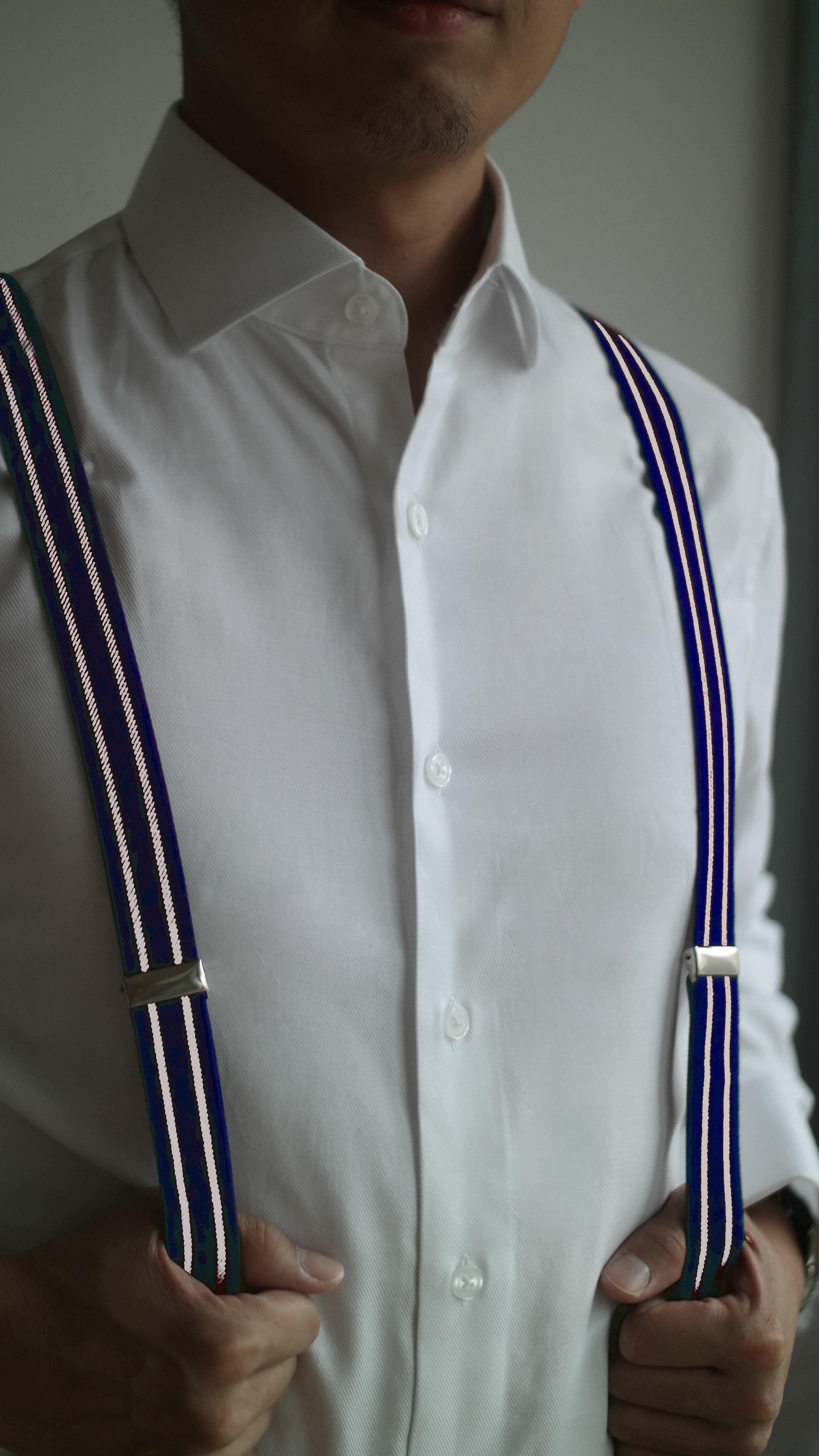 4 Prong Clip-On Suspenders-(White Stripe) - Assemble Singapore