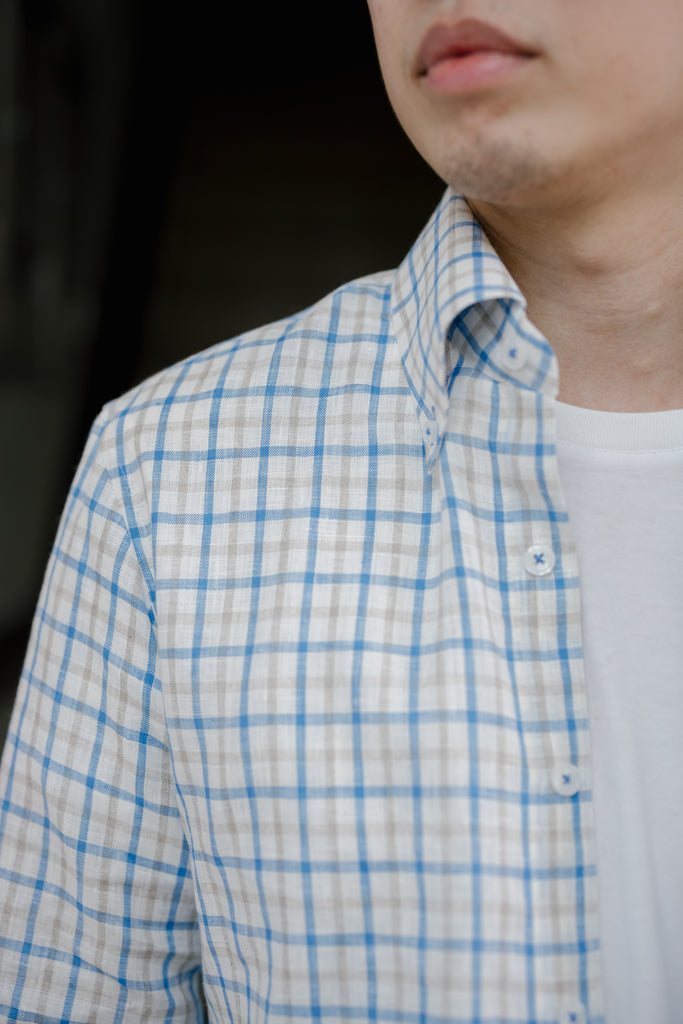 Blue and Beige Checked Linen Shirt - Assemble Singapore