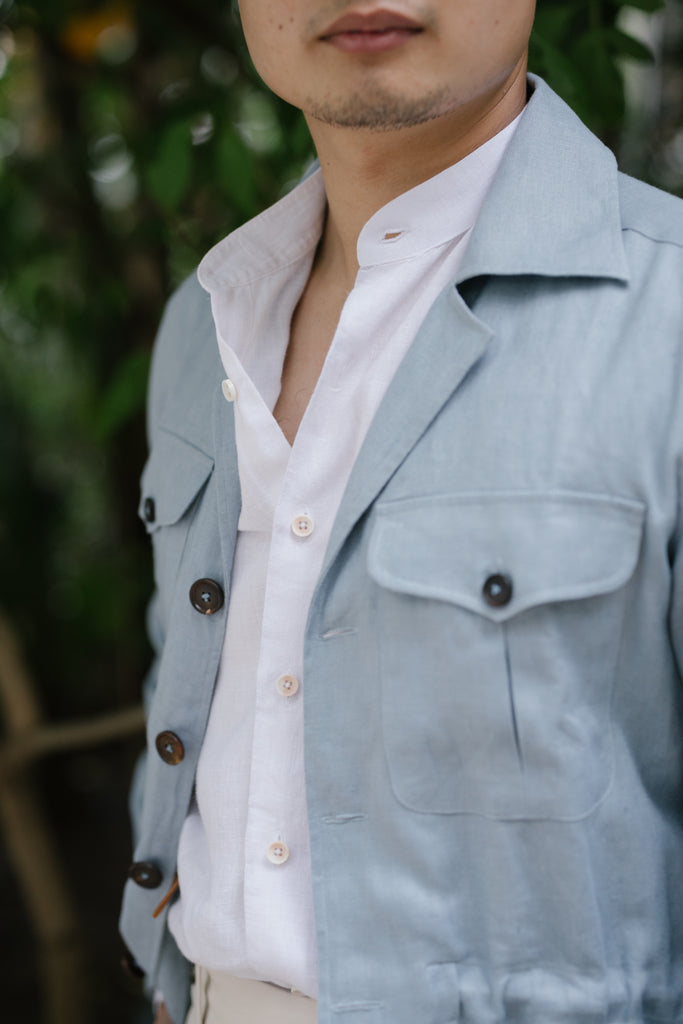 Ivory White Linen Mandarin Collar Shirt - Assemble Singapore